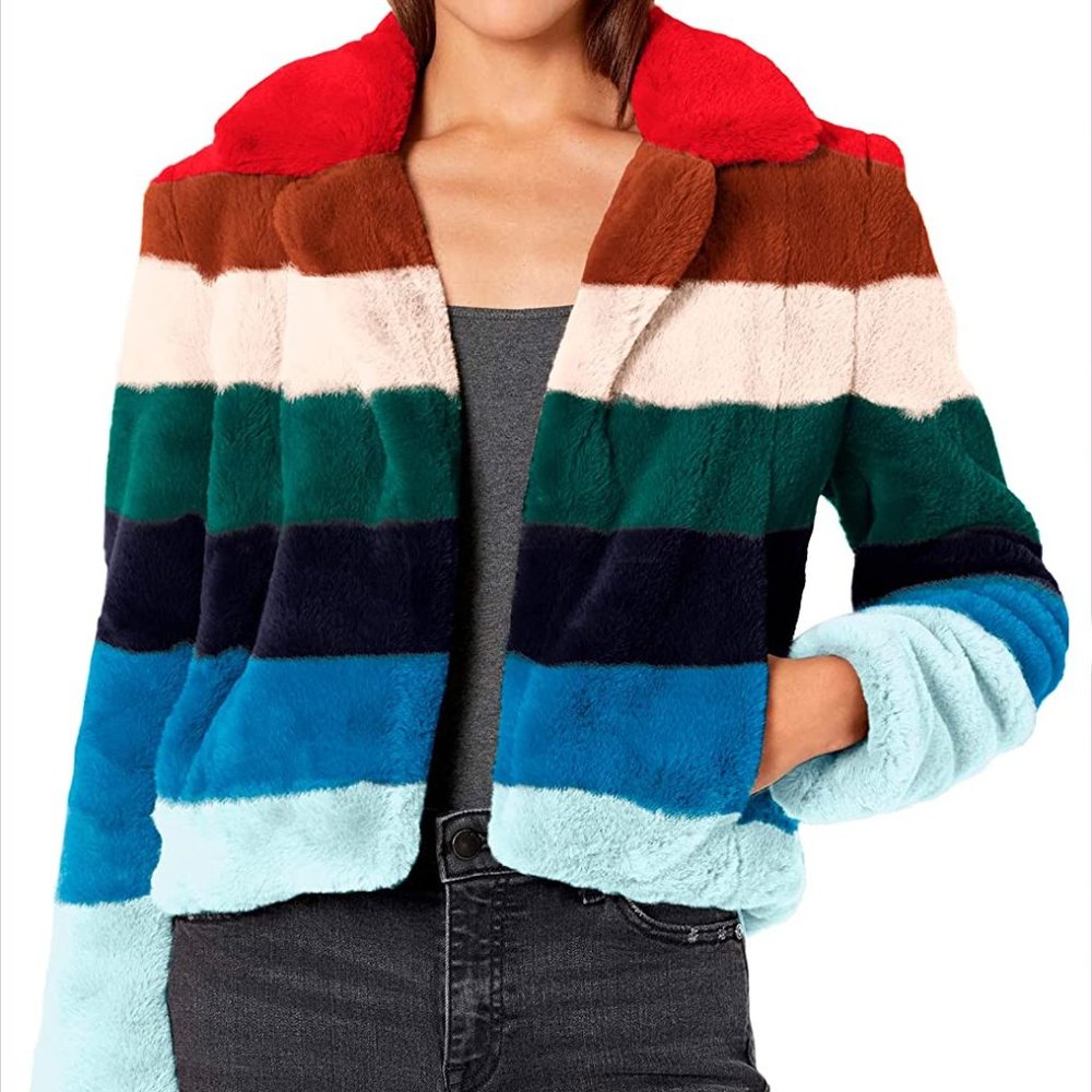 BlankNYC Rainbow Pop Faux Fur Jacket S striped retro pride